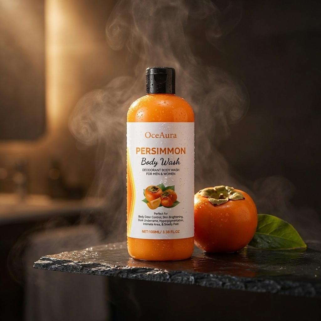 Persimmon body wash on shower shelf with steam