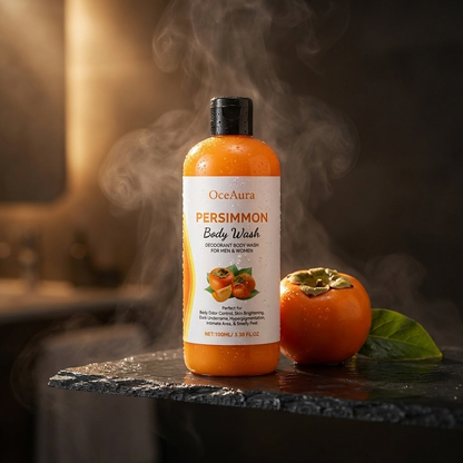 Persimmon body wash on shower shelf with steam
